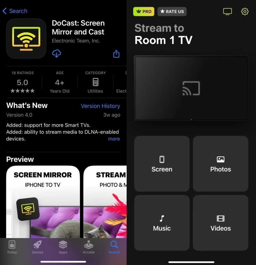 A combined picture, with DoCast on the App Store on the left, and a Chromecast selected in DoCast on the right.