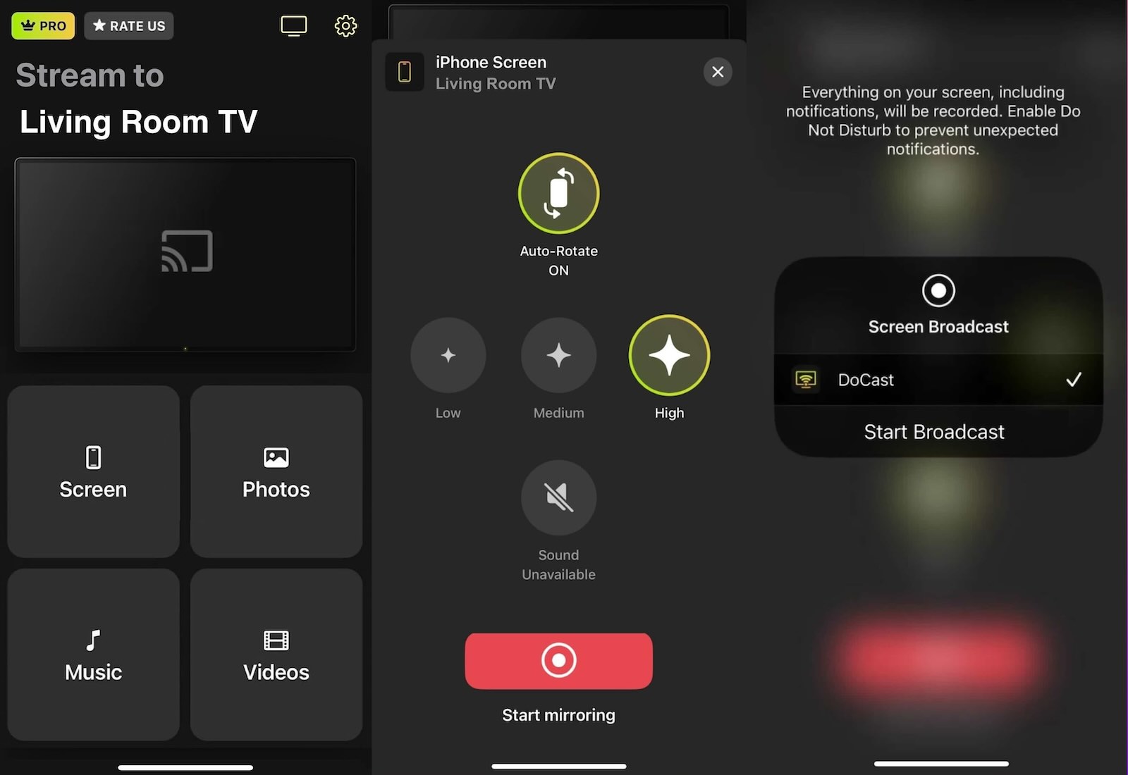 Tap on the Start mirroring button and then Start Broadcast