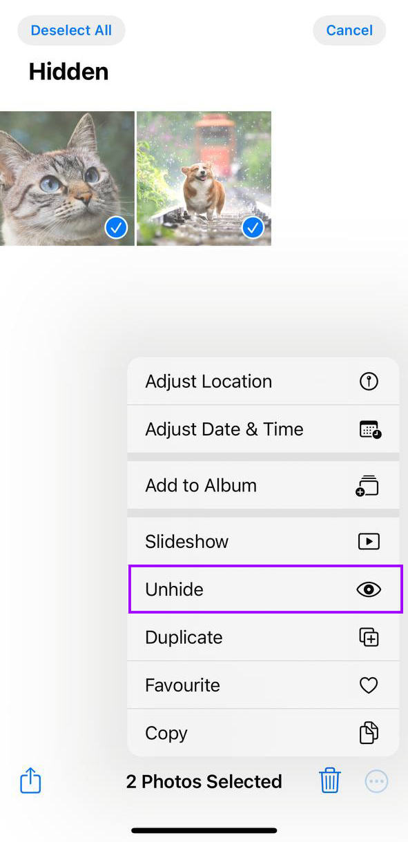 unhide photos