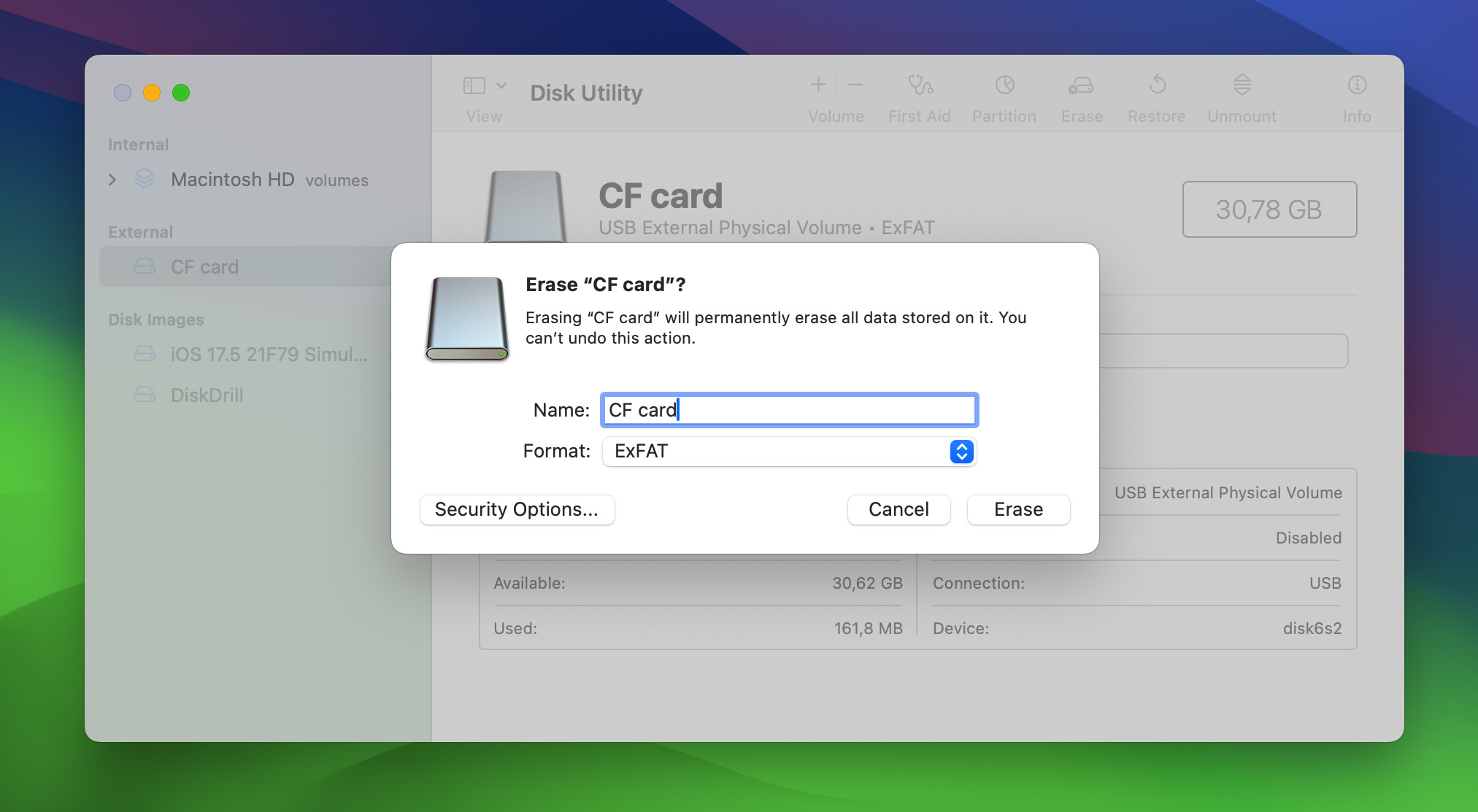 erase CF card in disk utility