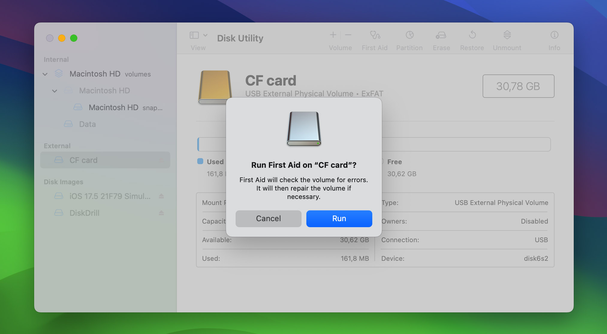 run first aid in disk utility