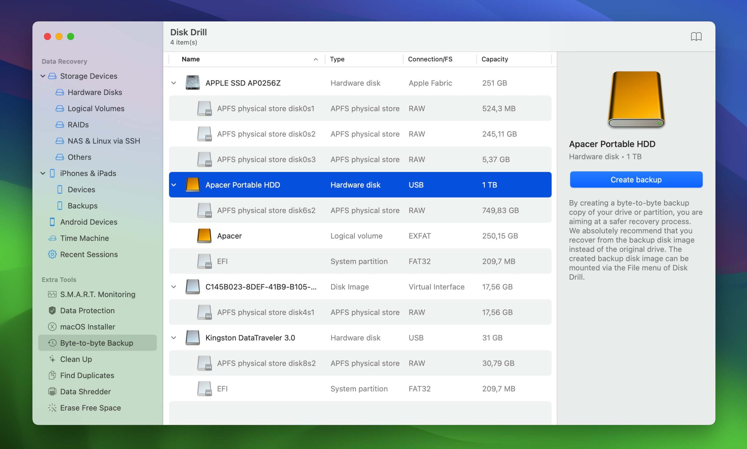 Disk drill backup option