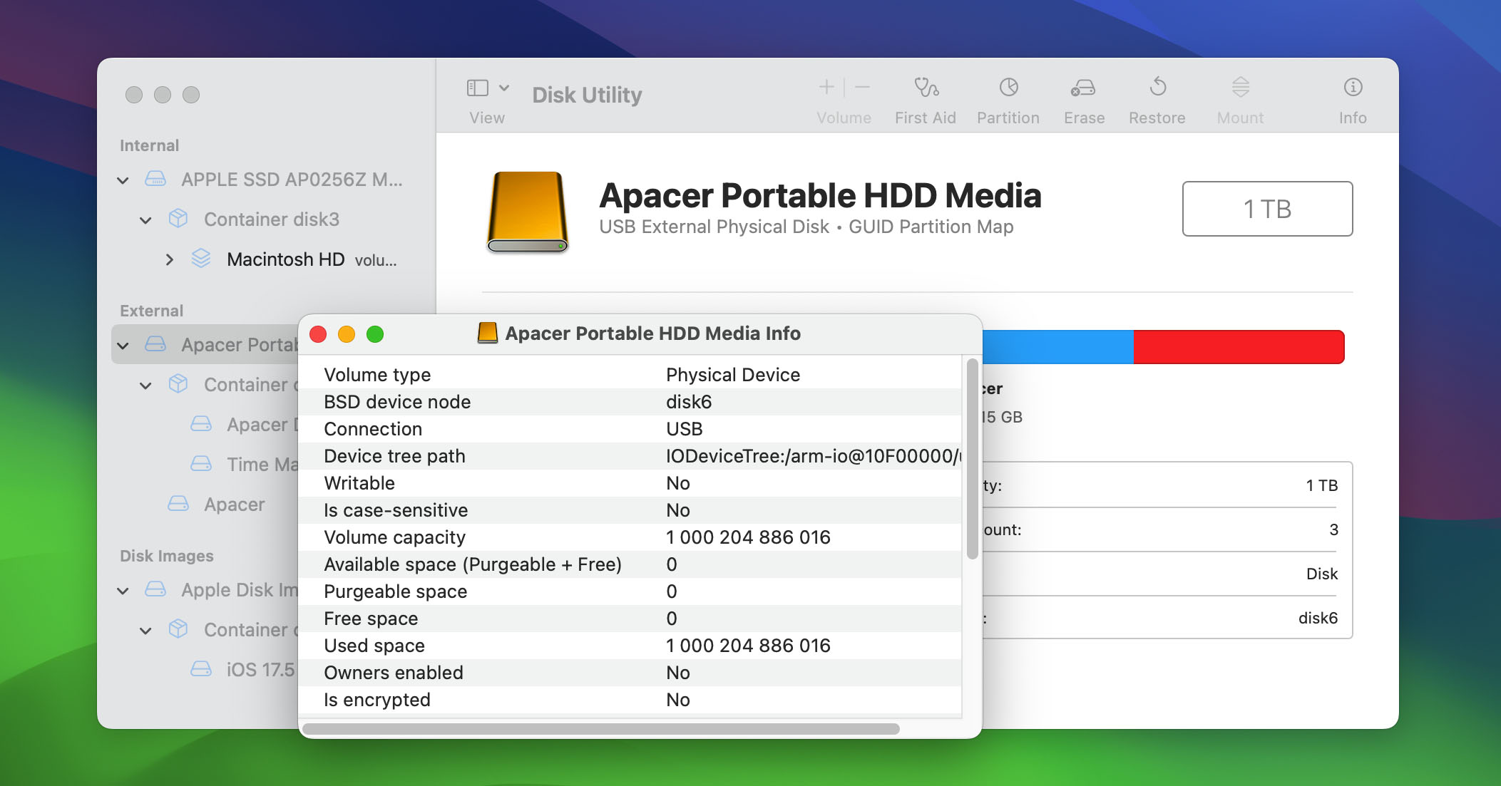 Info about drive in Disk Utility