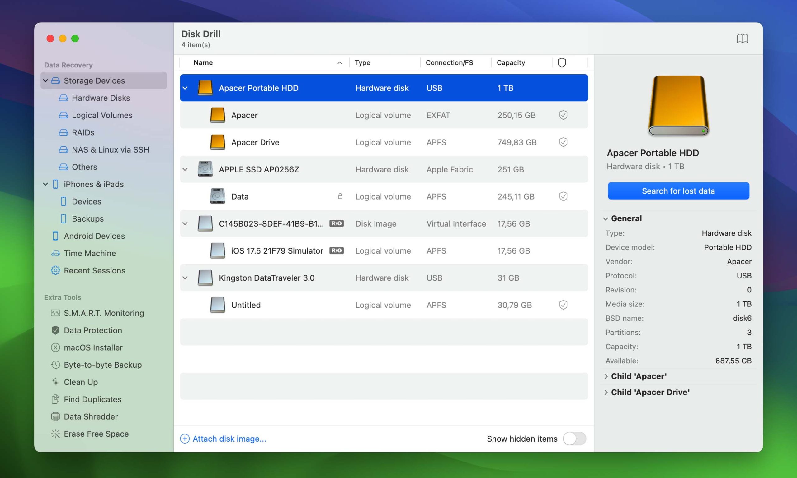 Select corrupt hard drive in Disk Drill