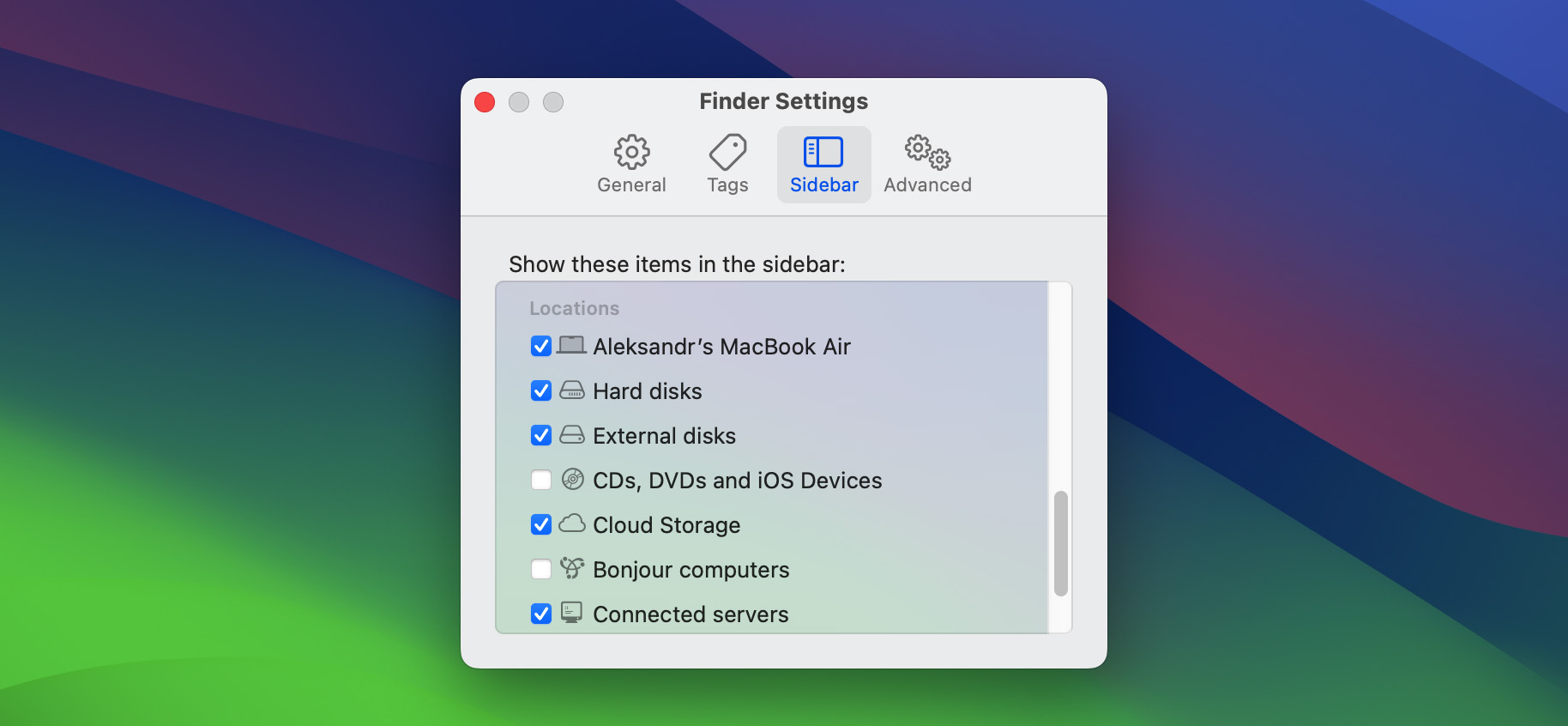 Show external disks in sidebar Finder