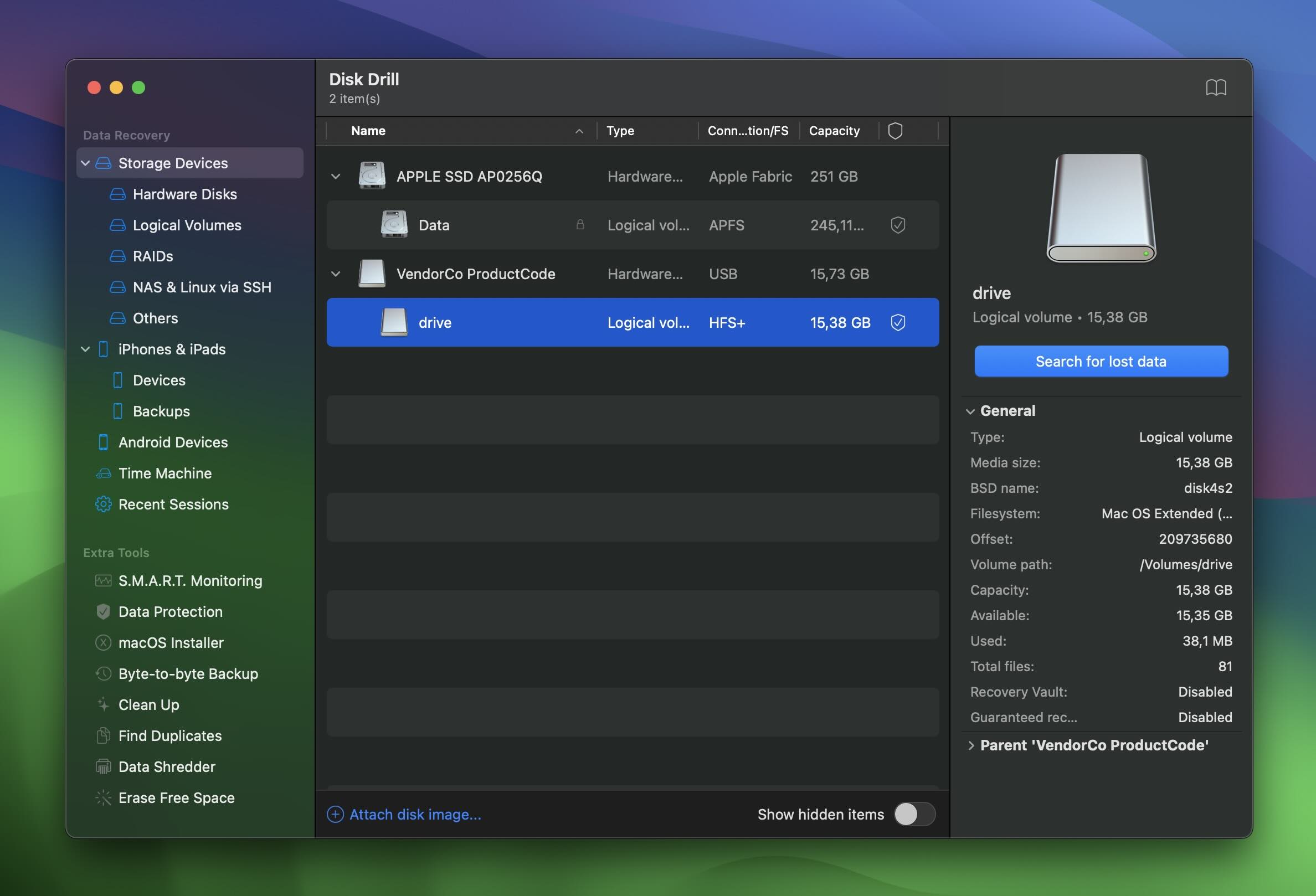 Disk Drill displays a list of connected drives