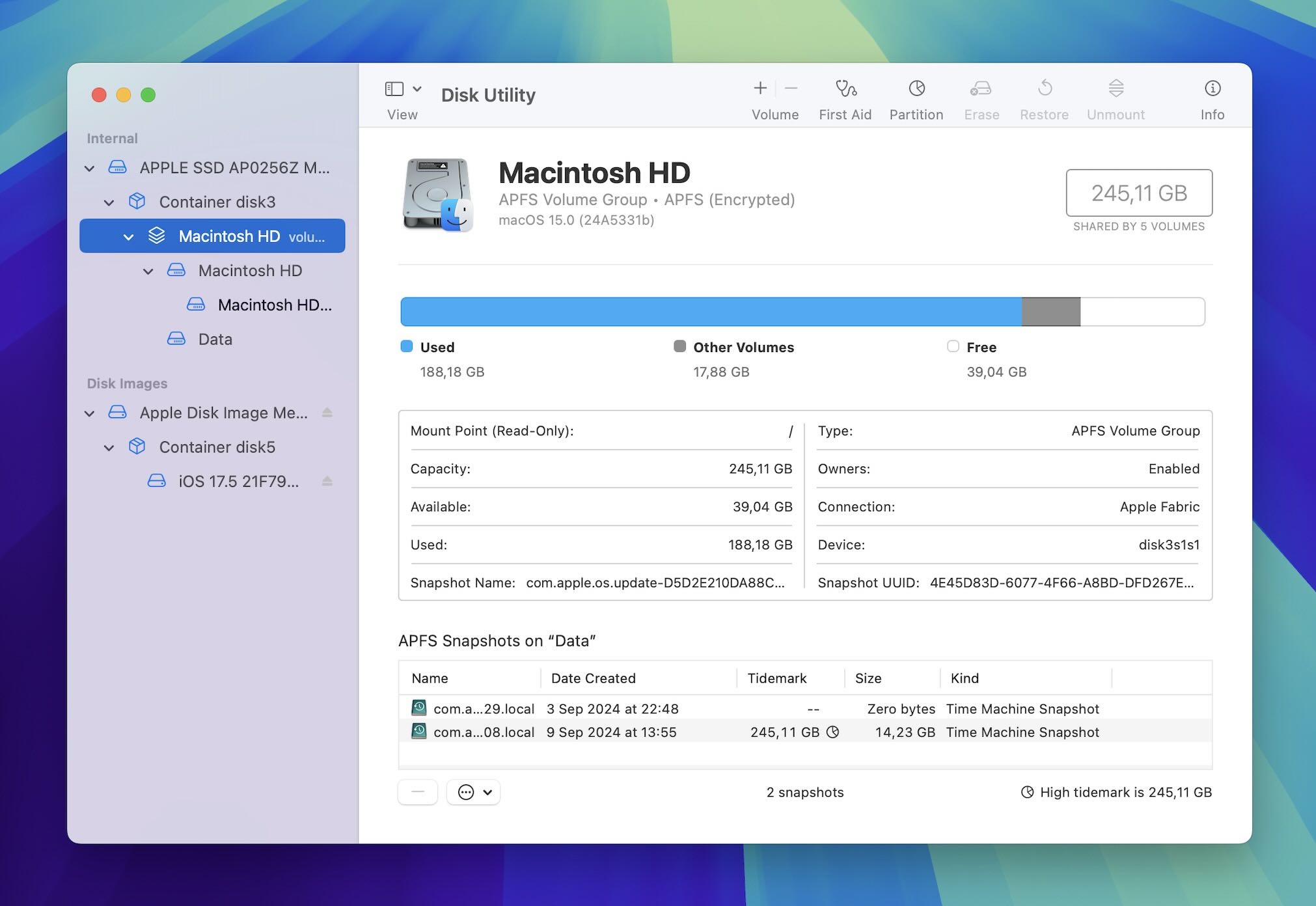 Disk Utility will display the available snapshots at the bottom