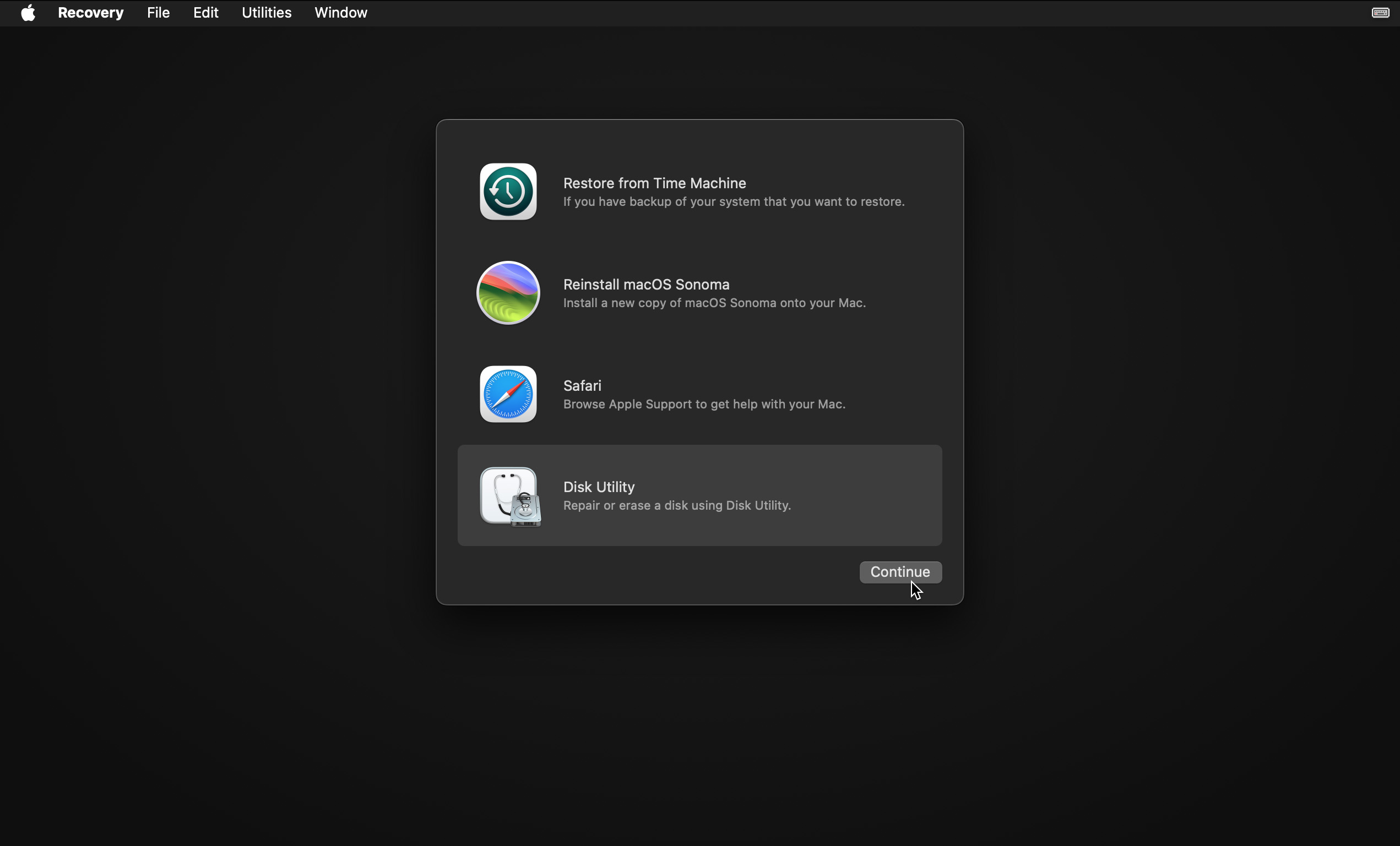 Select Disk Utility, then click Continue