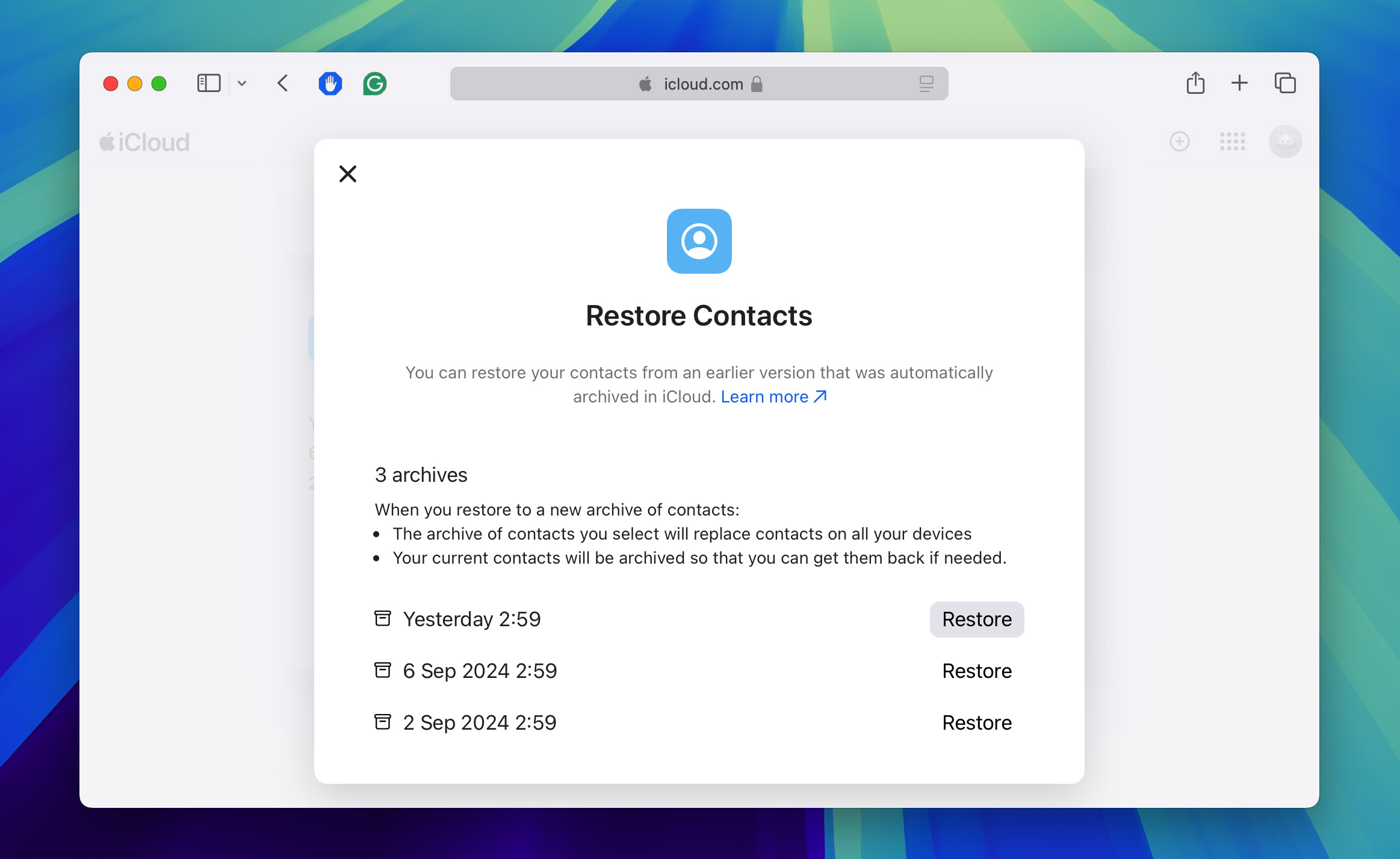 Restore contacts archive in iCloud