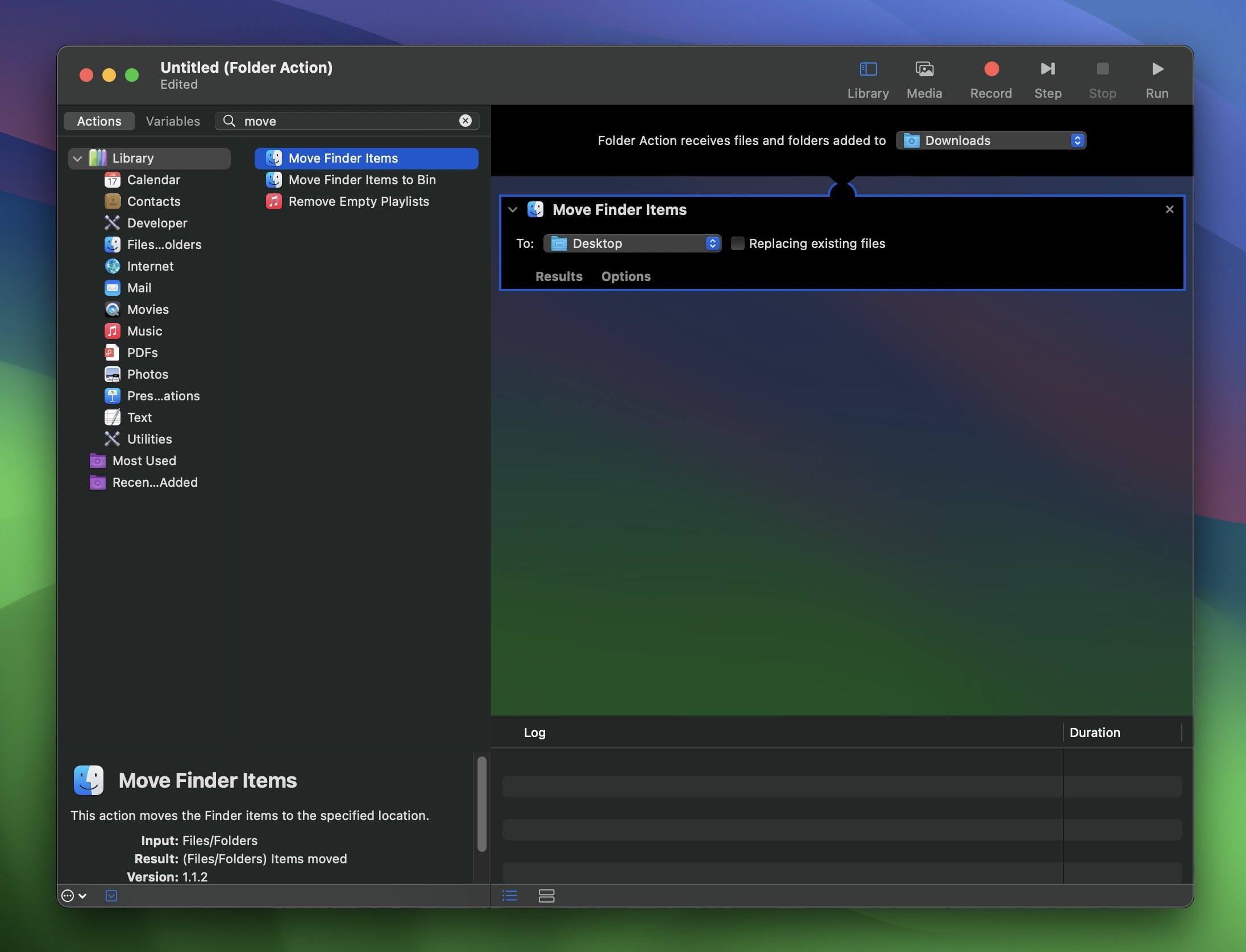 Drag the Move Finder Items action into the workflow