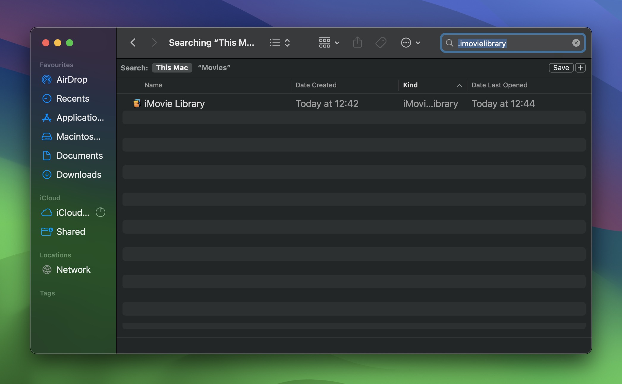 Type “.imovielibrary” and set the search scope to This Mac